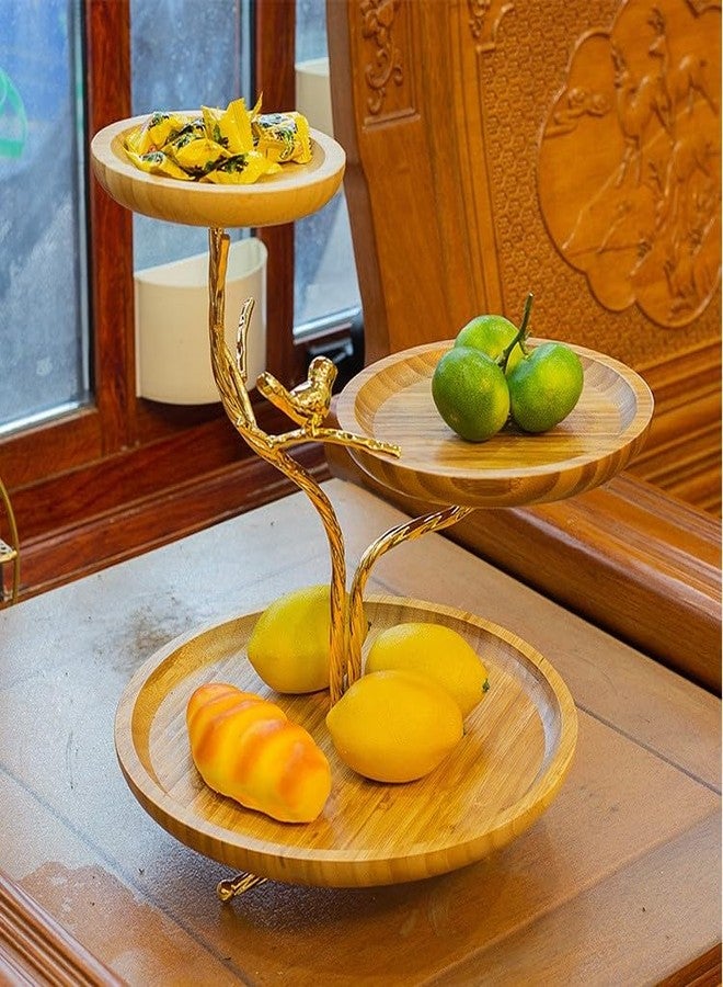 LANDTOM 3-Tier Fruit Basket Electroplating Metal Stand Decorative Fruit Bowl Rack Bamboo Wooden Storage Trays Table Countertop Holder for Vegetables Bread Snack for Kitchen Home Use, Gold (Type D) - Image 3