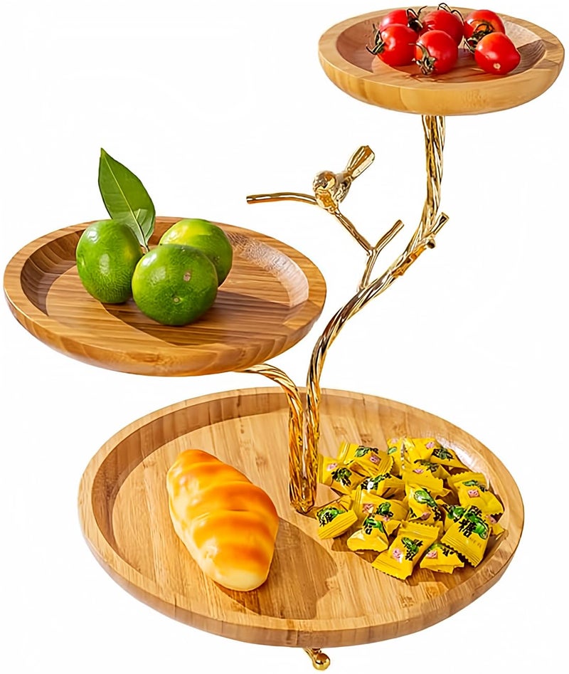 LANDTOM 3-Tier Fruit Basket Electroplating Metal Stand Decorative Fruit Bowl Rack Bamboo Wooden Storage Trays Table Countertop Holder for Vegetables Bread Snack for Kitchen Home Use, Gold (Type D) - Image 1