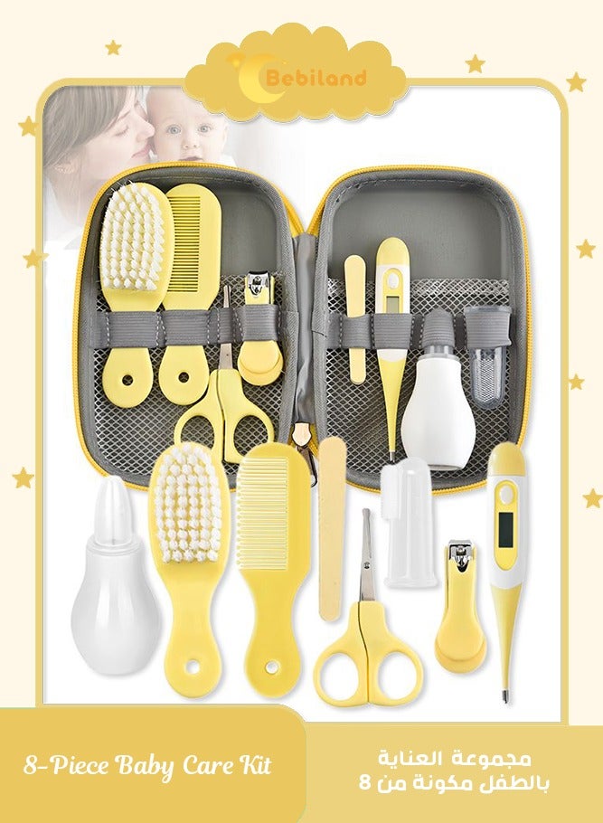 Bebiland 8-Piece Baby Care Kit with Thermometer, Nasal Aspirator, Toothbrush, Emery Board, Nail Clipper, Scissor, Brush and Comb, Portable Essential Daily Care Bathing Tool for Toddler Infant, Yellow - Image 1