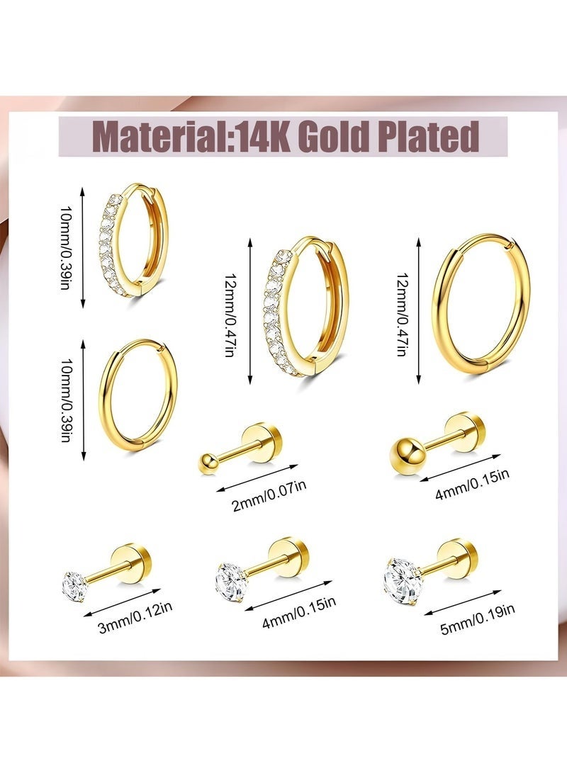 9 Pairs Gold Earrings for Women - 316L Surgical Steel Hypoallergenic Earring Set, Stud Earrings, and Huggies for Cartilage and Tragus Piercing - Image 3
