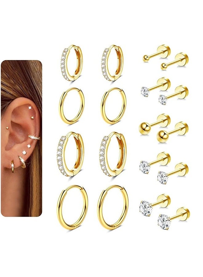 9 Pairs Gold Earrings for Women - 316L Surgical Steel Hypoallergenic Earring Set, Stud Earrings, and Huggies for Cartilage and Tragus Piercing - Image 1