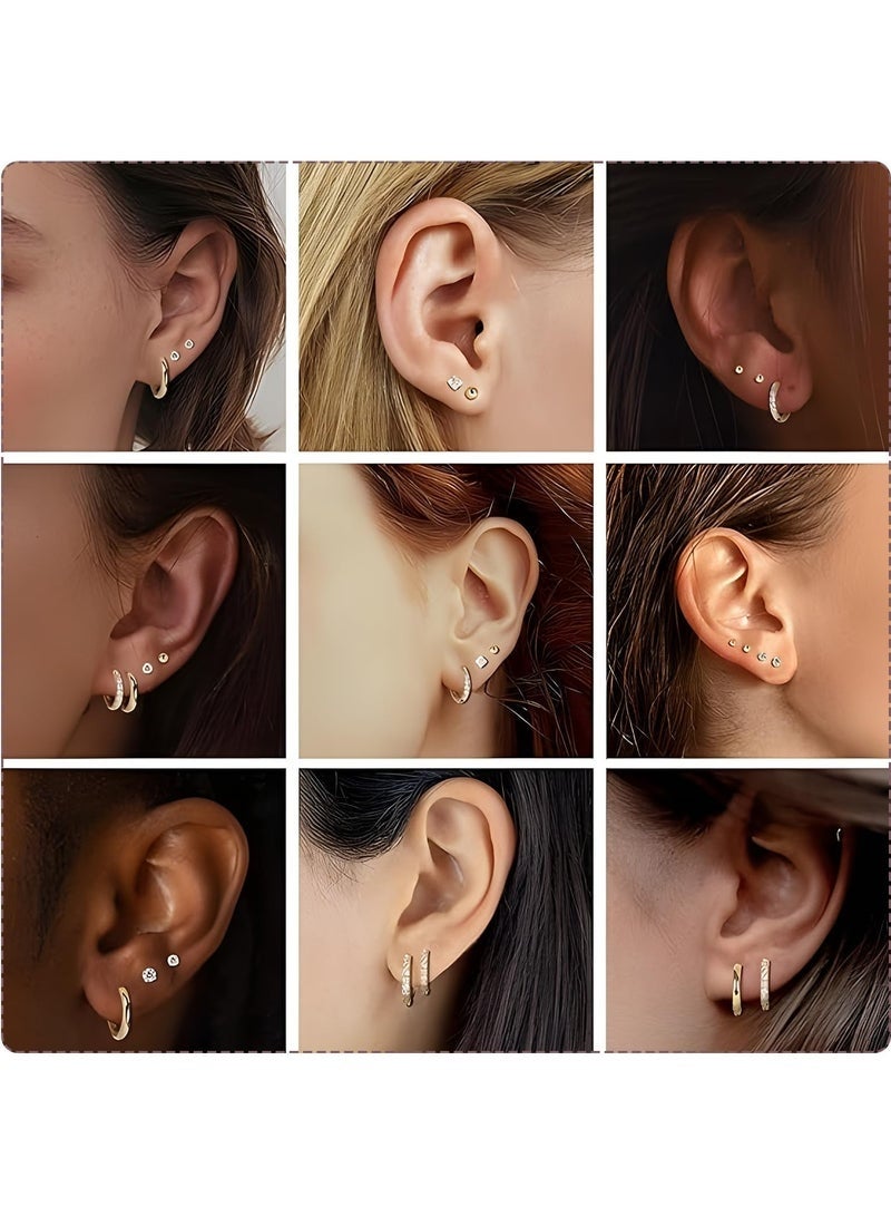 9 Pairs Gold Earrings for Women - 316L Surgical Steel Hypoallergenic Earring Set, Stud Earrings, and Huggies for Cartilage and Tragus Piercing - Image 4