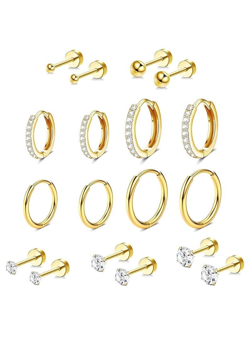 9 Pairs Gold Earrings for Women - 316L Surgical Steel Hypoallergenic Earring Set, Stud Earrings, and Huggies for Cartilage and Tragus Piercing - Image 2