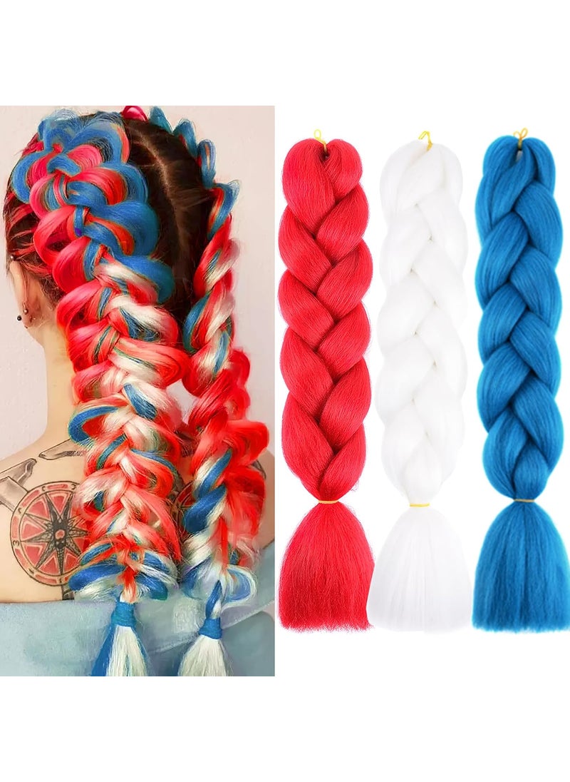 BASEMMAHER Colored Braiding Hair Extensions Red White Blue Ombre Jumbo Braids Crochet Synthetic High Temperature Fiber Hair Extension for Women Girls Box Twist Braids Crochet Braiding Hair 24 Inch 