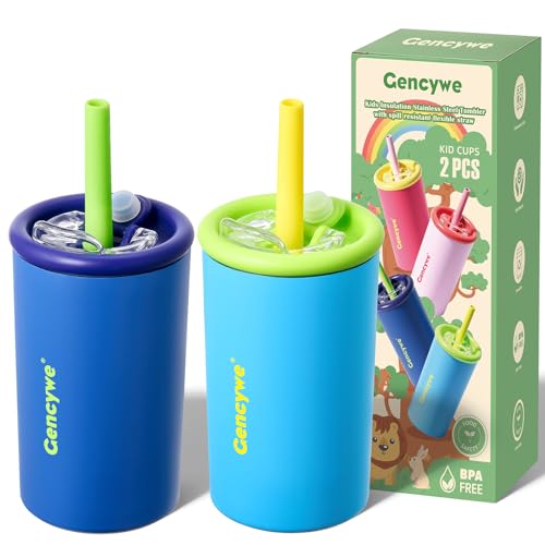Gencywe 2 PACK Kids Double Walled Stainless Steel Cups with Straws and lids | 12 oz Spill-Proof Sippy Smoothie Tumbler Set, Small Kids Snack & Drink Water Cups, BPA-Free (Age: 3+ years old & up) - Image 1