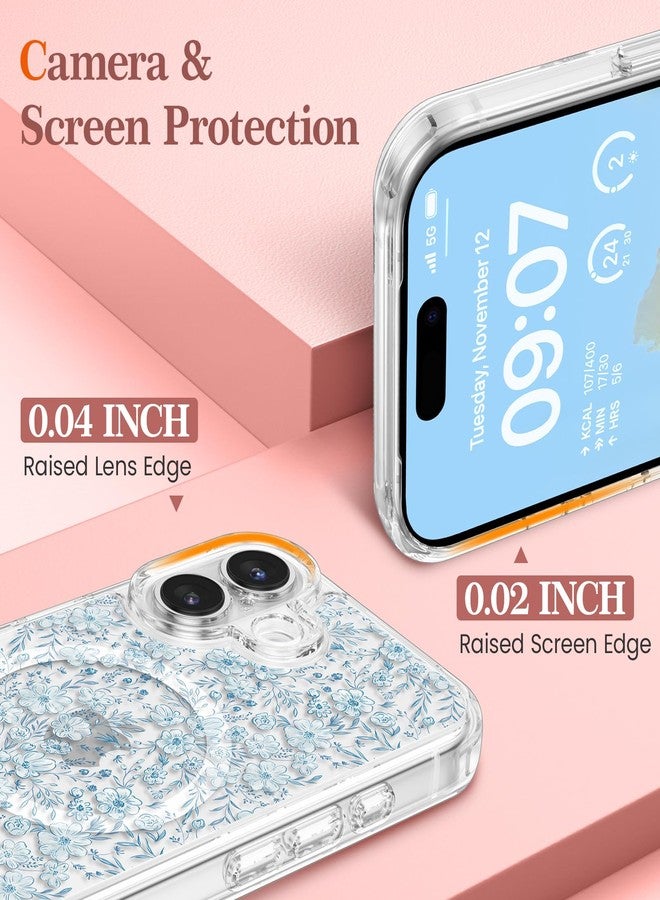 RALEAVO جراب RALEAVO لهاتف iPhone 16، [متوافق مع Magsafe] جراب مغناطيسي واقٍ مقاوم للصدمات بنقشة زهور، جراب سيليكون شفاف مضاد للاصفرار لهاتف iPhone 16 بنقشة زهور زرقاء - Image 5