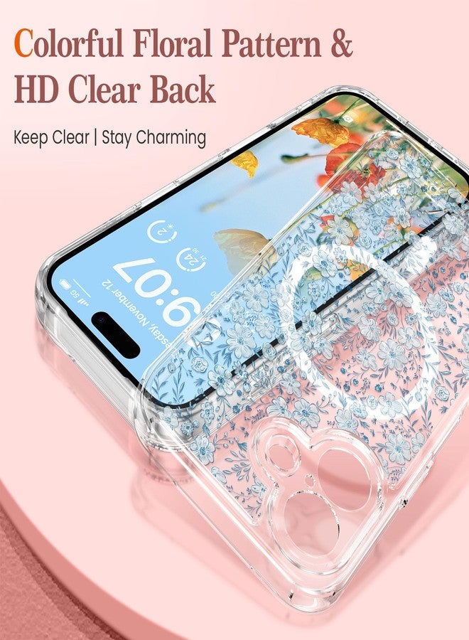 RALEAVO جراب RALEAVO لهاتف iPhone 16، [متوافق مع Magsafe] جراب مغناطيسي واقٍ مقاوم للصدمات بنقشة زهور، جراب سيليكون شفاف مضاد للاصفرار لهاتف iPhone 16 بنقشة زهور زرقاء - Image 2