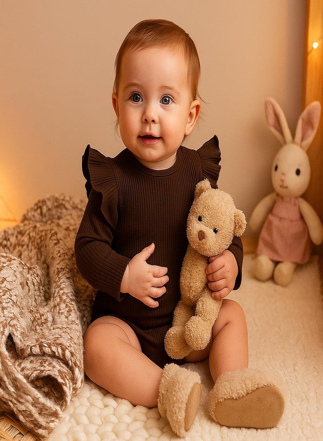 ROMPERINBOX Baby Girl Bodysuit 2 Pack, Long Sleeve Ribbed Knitted Onsies Ruffle Collar and Flutter Sleeve Fall Winter Clothes(Beige/Brown, 18-24M) - Image 5