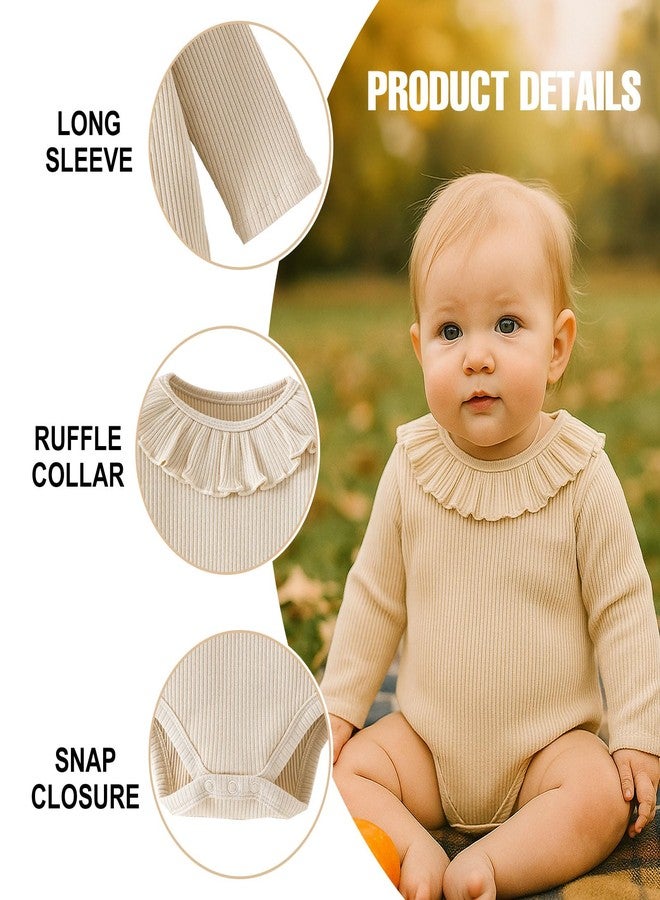ROMPERINBOX Baby Girl Bodysuit 2 Pack, Long Sleeve Ribbed Knitted Onsies Ruffle Collar and Flutter Sleeve Fall Winter Clothes(Beige/Brown, 18-24M) - Image 2