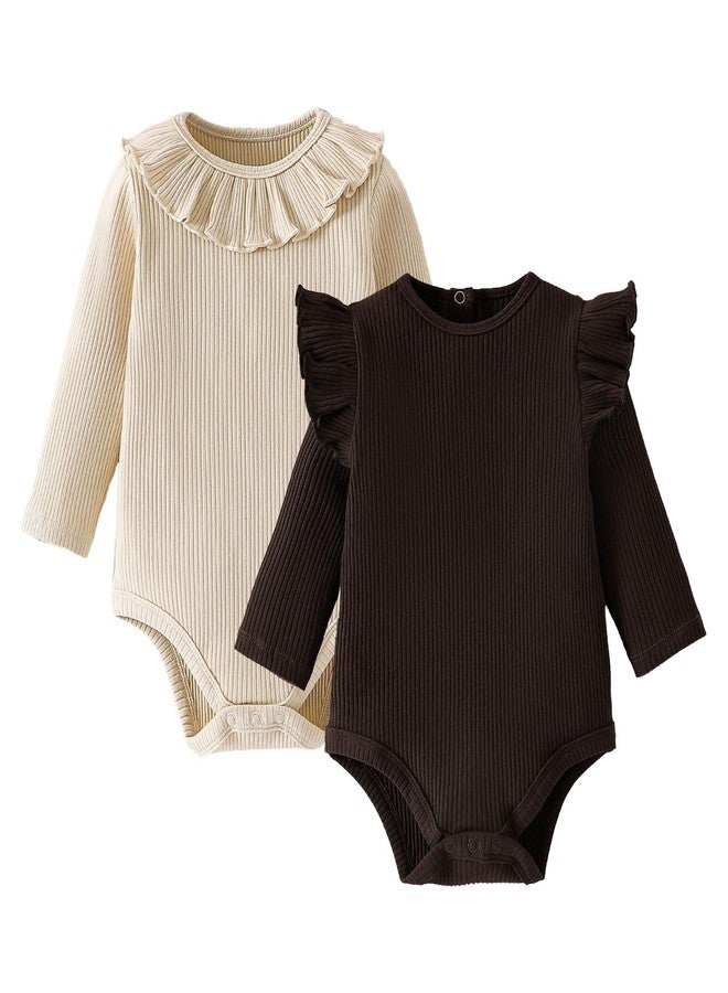 ROMPERINBOX Baby Girl Bodysuit 2 Pack, Long Sleeve Ribbed Knitted Onsies Ruffle Collar and Flutter Sleeve Fall Winter Clothes(Beige/Brown, 18-24M) - Image 1