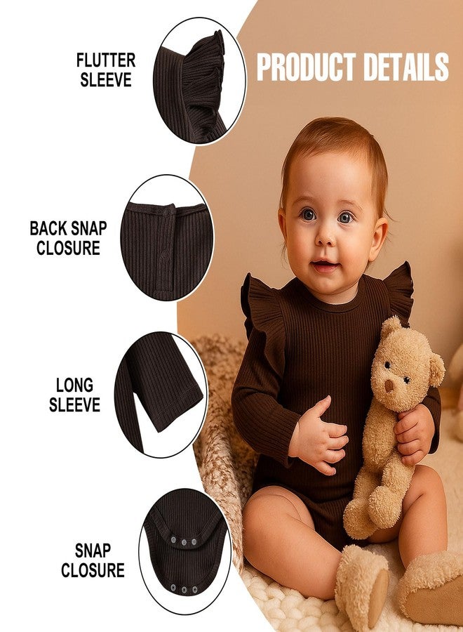 ROMPERINBOX Baby Girl Bodysuit 2 Pack, Long Sleeve Ribbed Knitted Onsies Ruffle Collar and Flutter Sleeve Fall Winter Clothes(Beige/Brown, 18-24M) - Image 3