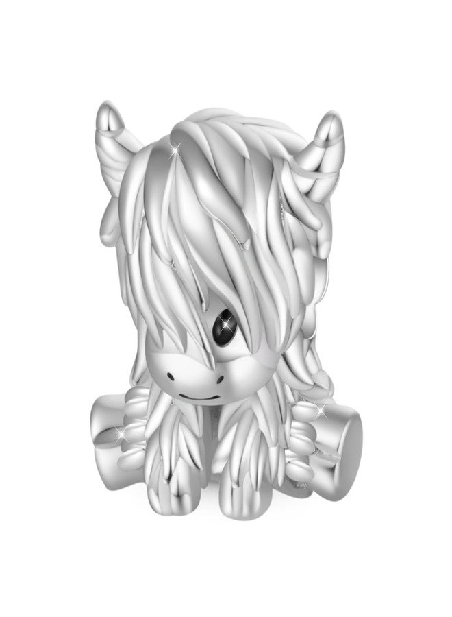 GNOCE Scottish Highland Cow Cute Love Charm For Women, S925 Sterling Silver 14K White Gold Plated Bead Charm Bracelet for Her, Jewelry Gift Animals - Image 1