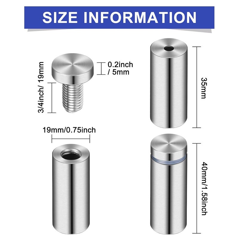 Pelopy 8 Pcs Sign Standoff Screws Advertising Screws Stainless Steel Wall Standoff Mounts Glass Acrylic Nail(0.75 x 1.57 Inch) - Image 3