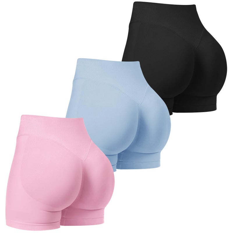 TDIFFUN Women Workout Shorts 3 Pack Gym Seamless Scrunch Butt Lifting Impact High Waist Yoga Biker Booty Athletic Shorts(Black+Pink+Blue,M) - Image 1