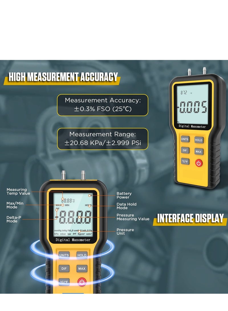 Manometer Professional Digital Display Manometer Gas Pressure Tester Handheld Hvac Dual Port Manometer 12 Selectable Units Differential Pressure Gauge, ±20.68kpa - Image 3