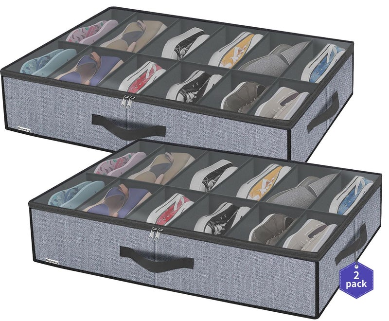 Onlyeasy Large Under Bed Shoe Organizer 6 to 12 Pairs x 2  Underbed Shoes Closet Storage Solution with Metal Zipper and 2 Handles Breathable 293x236x59 Linenlike Grey MXDUBSB2P