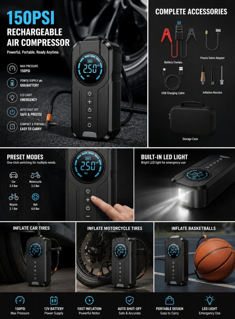 150 PSI Portable Cordless Tire Inflator Air Compressor – Smart Digital Air Pump with LCD Display, Auto Shut-Off & LED Light – Fast Rechargeable Inflator for Car, SUV, Motorcycle, Bicycle & Sports Balls