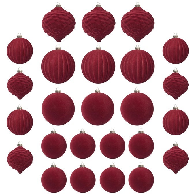 VELVET CHRISTMAS BALLS BURGUNDY 25PCS FLOCKED CHRISTMAS TREE ORNAMENTS ASSORTMENT FOR XMAS TREE HOLIDAY DECOR