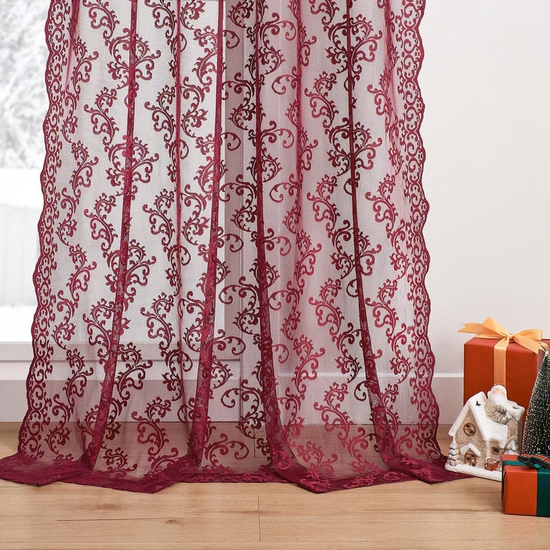 FOLKSIDE ستائر دانتيل قطعتان، نمط نبيذ رومانسي حديث، ستائر لغرفة النوم وغرفة المعيشة، رباط سحب، ترشيح الضوء، ديكور ورد زهري مارون لغرفة الطعام، 52x96 بوصة، بورجوندي - Image 5