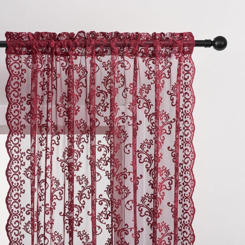 FOLKSIDE ستائر دانتيل قطعتان، نمط نبيذ رومانسي حديث، ستائر لغرفة النوم وغرفة المعيشة، رباط سحب، ترشيح الضوء، ديكور ورد زهري مارون لغرفة الطعام، 52x96 بوصة، بورجوندي - Image 3