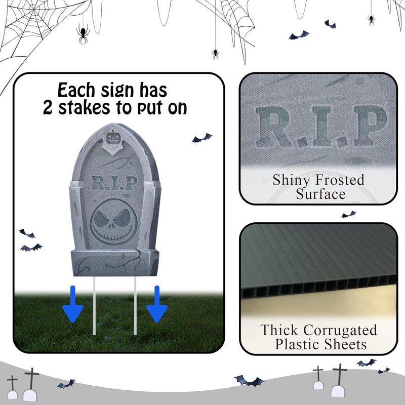 KGNN Jack Sally Tombstones Yard Signs, 17 Inch Gravestones Set Scary Halloween Decor Christmas Nightmare Halloween Decorations Outdoor Before Lawn Garden RIP Pumpkin Yard Stakes Outside Graveyard, Not Foam - Image 4