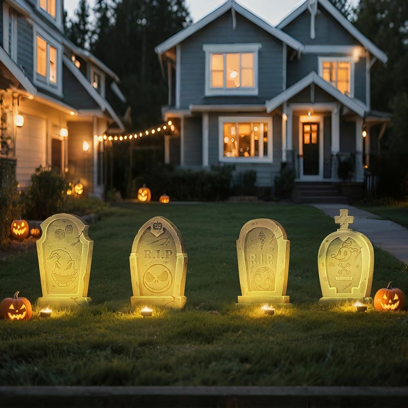 KGNN Jack Sally Tombstones Yard Signs, 17 Inch Gravestones Set Scary Halloween Decor Christmas Nightmare Halloween Decorations Outdoor Before Lawn Garden RIP Pumpkin Yard Stakes Outside Graveyard, Not Foam - Image 2