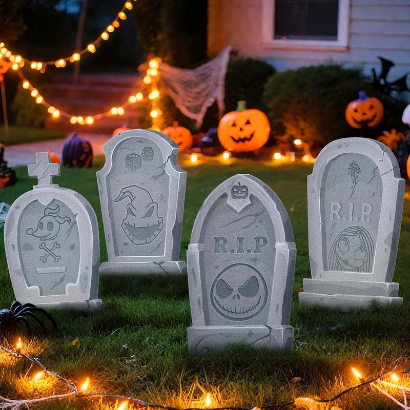 KGNN Jack Sally Tombstones Yard Signs, 17 Inch Gravestones Set Scary Halloween Decor Christmas Nightmare Halloween Decorations Outdoor Before Lawn Garden RIP Pumpkin Yard Stakes Outside Graveyard, Not Foam - Image 1