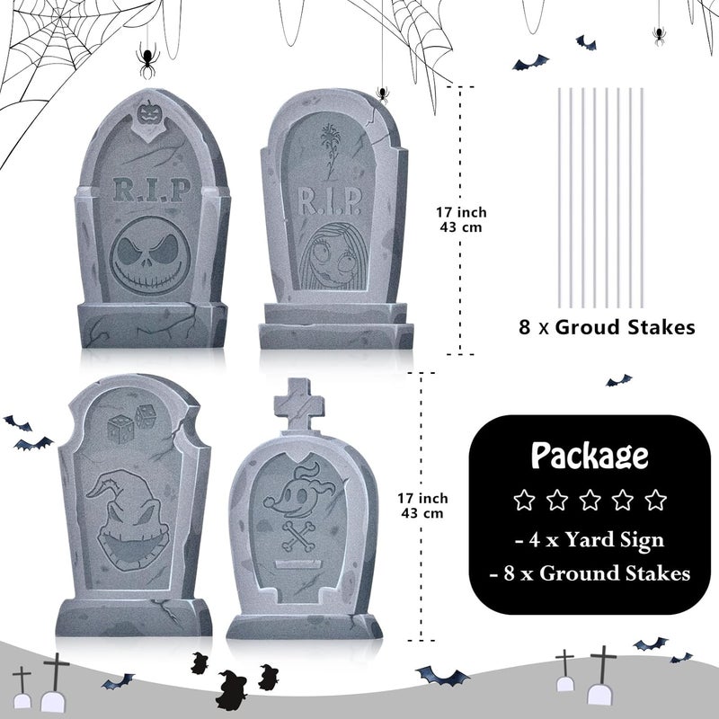 KGNN Jack Sally Tombstones Yard Signs, 17 Inch Gravestones Set Scary Halloween Decor Christmas Nightmare Halloween Decorations Outdoor Before Lawn Garden RIP Pumpkin Yard Stakes Outside Graveyard, Not Foam - Image 3