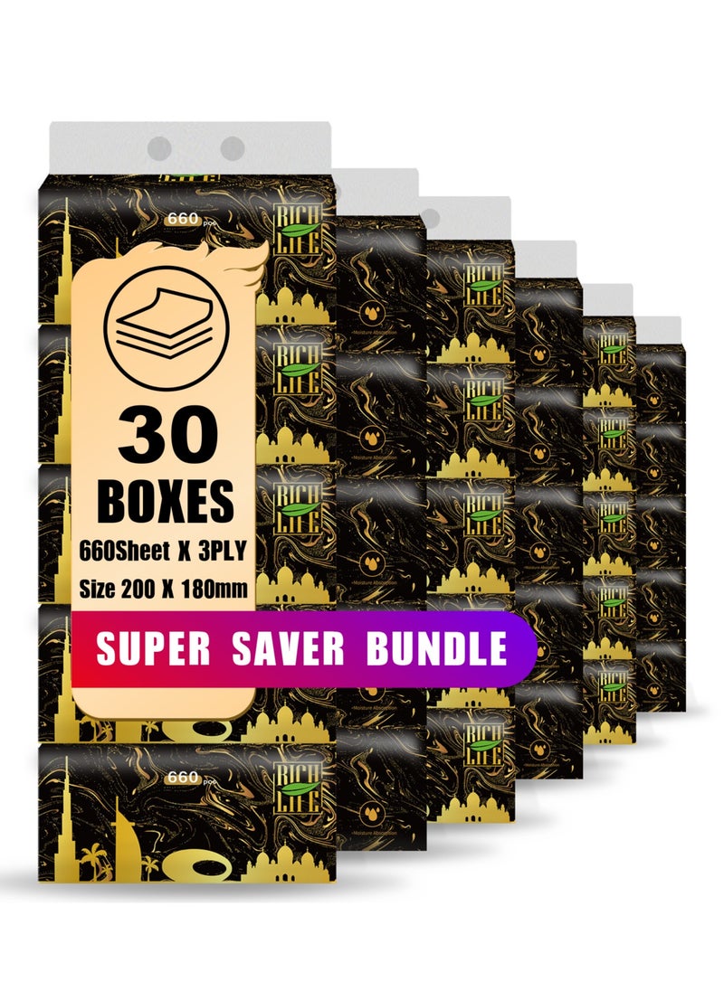 Rich Life Facial Tissue - Premium Quality 3-Ply - 660 Sheets | 30 Value Packs | Soft, Durable & Moisture Proof | 100% Raw Wood Pulp - Ideal for Wet & Dry | Available in 5 to 100 Packs  - Image 1