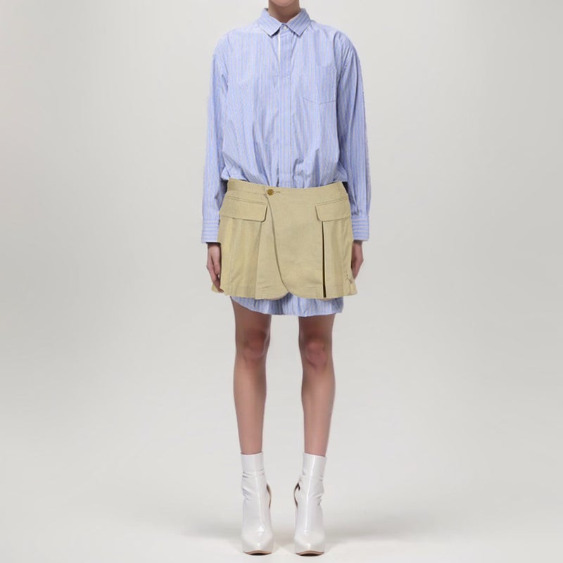 in stock Deconstructed Stitching Design Skirt Two-piece Skirt Blue Stripe Mini Shirt dress Niche Trendy blue stripe