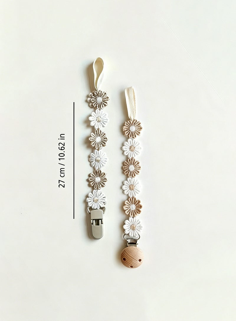 Amanli 2 Pcs Korean Cute Fabric Pacifier Chain AntLoss Daisy Flower Teething Stick, Baby Pacifier Clip, Toy Chain for Newborns, Anti-Fall Clip（Light brown） - Image 4