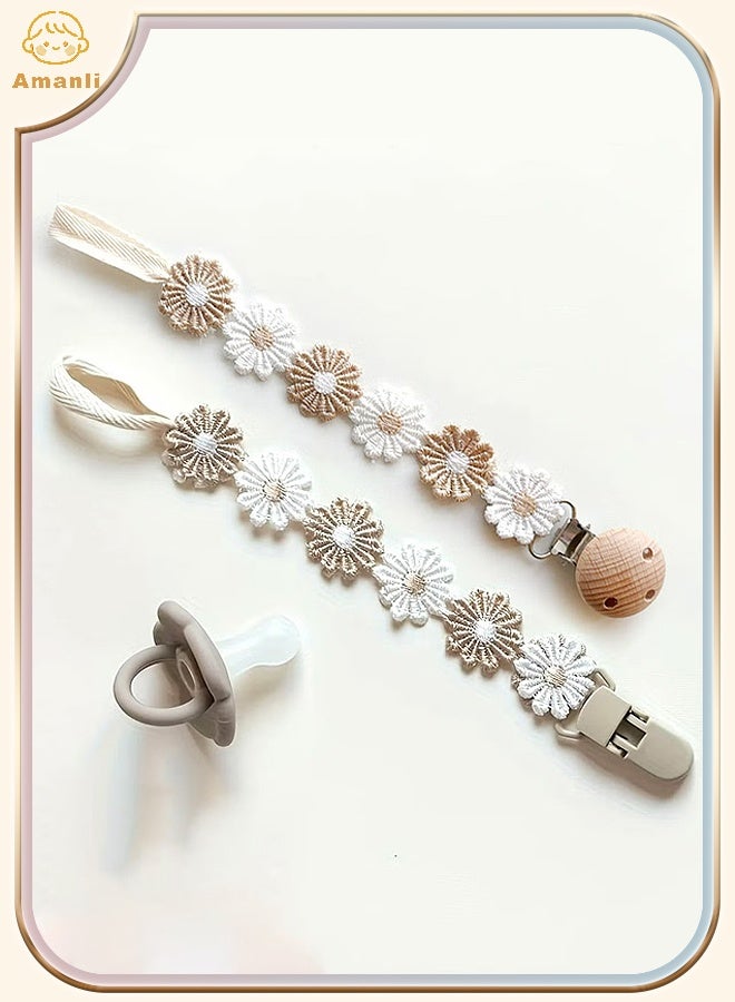 Amanli 2 Pcs Korean Cute Fabric Pacifier Chain AntLoss Daisy Flower Teething Stick, Baby Pacifier Clip, Toy Chain for Newborns, Anti-Fall Clip（Light brown） - Image 1
