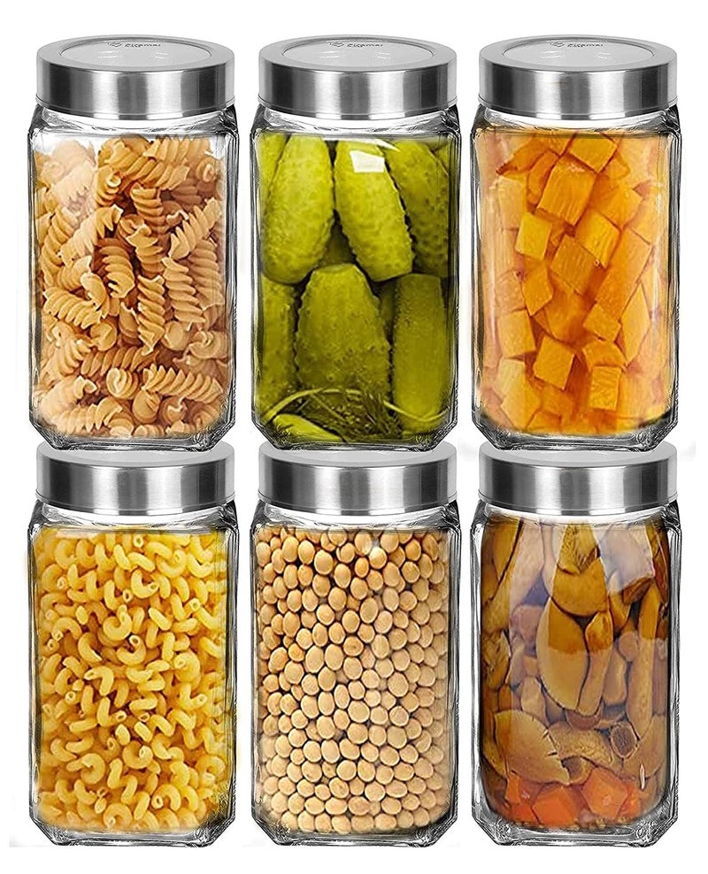 Vency Glass Storage Jars Set of 6 (1000ml each) Square Transparent Containers with Airtight Steel Lids for Kitchen Pantry - Stackable Organizer for Snacks, Masala, Pickles, Dry Fruits - Image 2