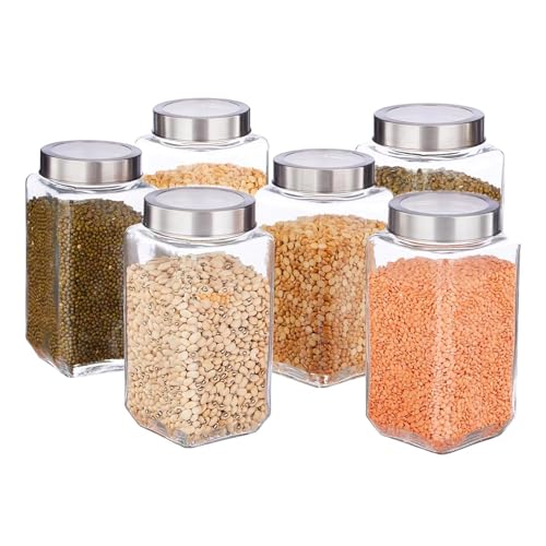 Vency Glass Storage Jars Set of 6 (1000ml each) Square Transparent Containers with Airtight Steel Lids for Kitchen Pantry - Stackable Organizer for Snacks, Masala, Pickles, Dry Fruits - Image 1