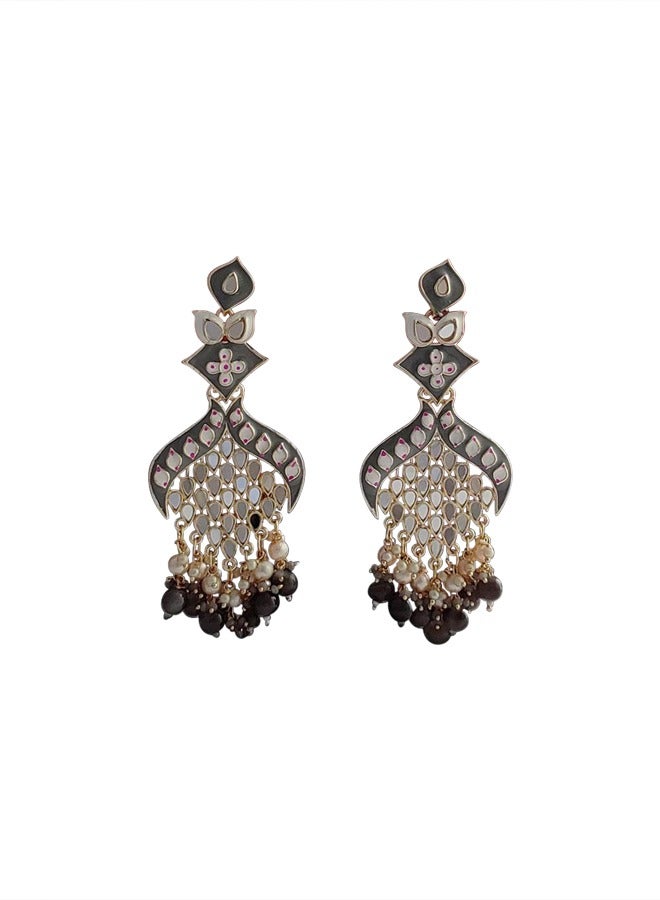 Designer Long Mirror Ethnic Earrings Grey