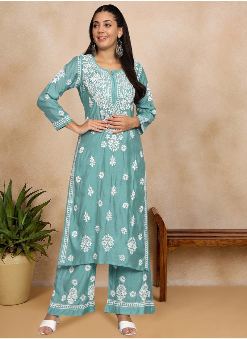 Alaya - Hand Embroidered Chikan Chanderi Straight Kurta Palazzos-AL3671KS - Image 1