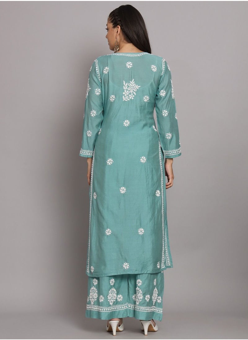 Alaya - Hand Embroidered Chikan Chanderi Straight Kurta Palazzos-AL3671KS - Image 1