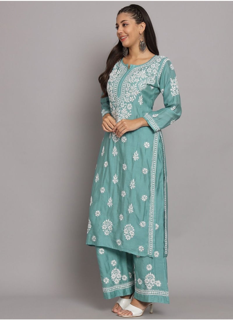 Alaya - Hand Embroidered Chikan Chanderi Straight Kurta Palazzos-AL3671KS - Image 1