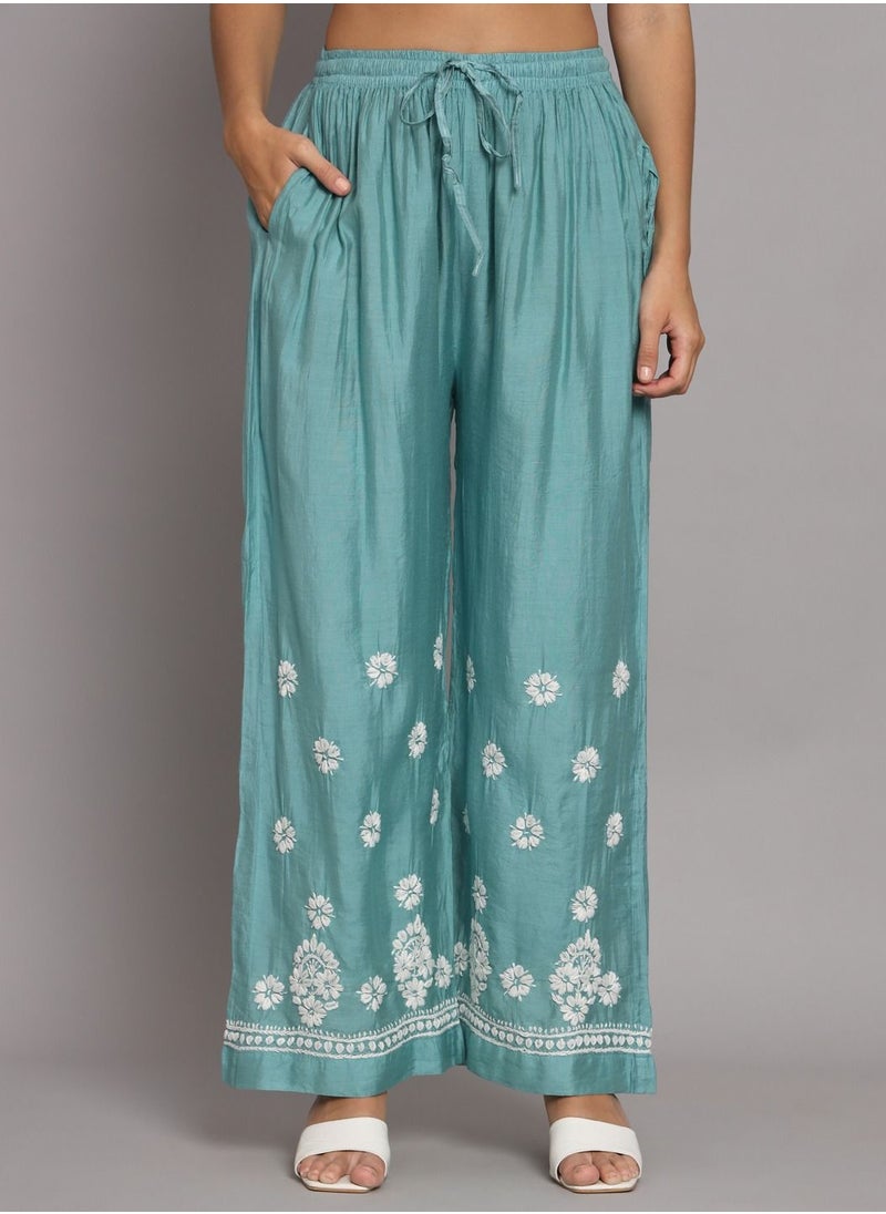 Alaya - Hand Embroidered Chikan Chanderi Straight Kurta Palazzos-AL3671KS - Image 1