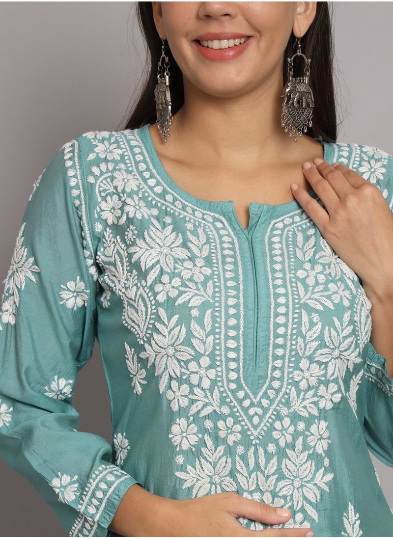 Alaya - Hand Embroidered Chikan Chanderi Straight Kurta Palazzos-AL3671KS - Image 1
