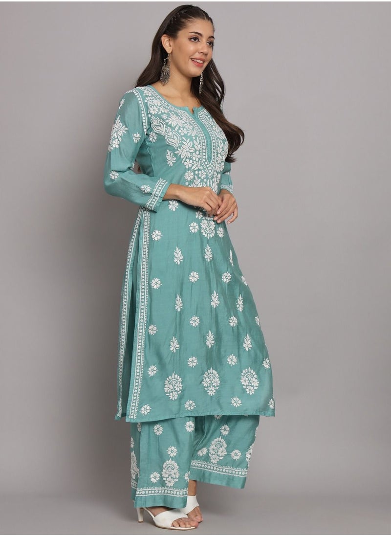 Alaya - Hand Embroidered Chikan Chanderi Straight Kurta Palazzos-AL3671KS - Image 1