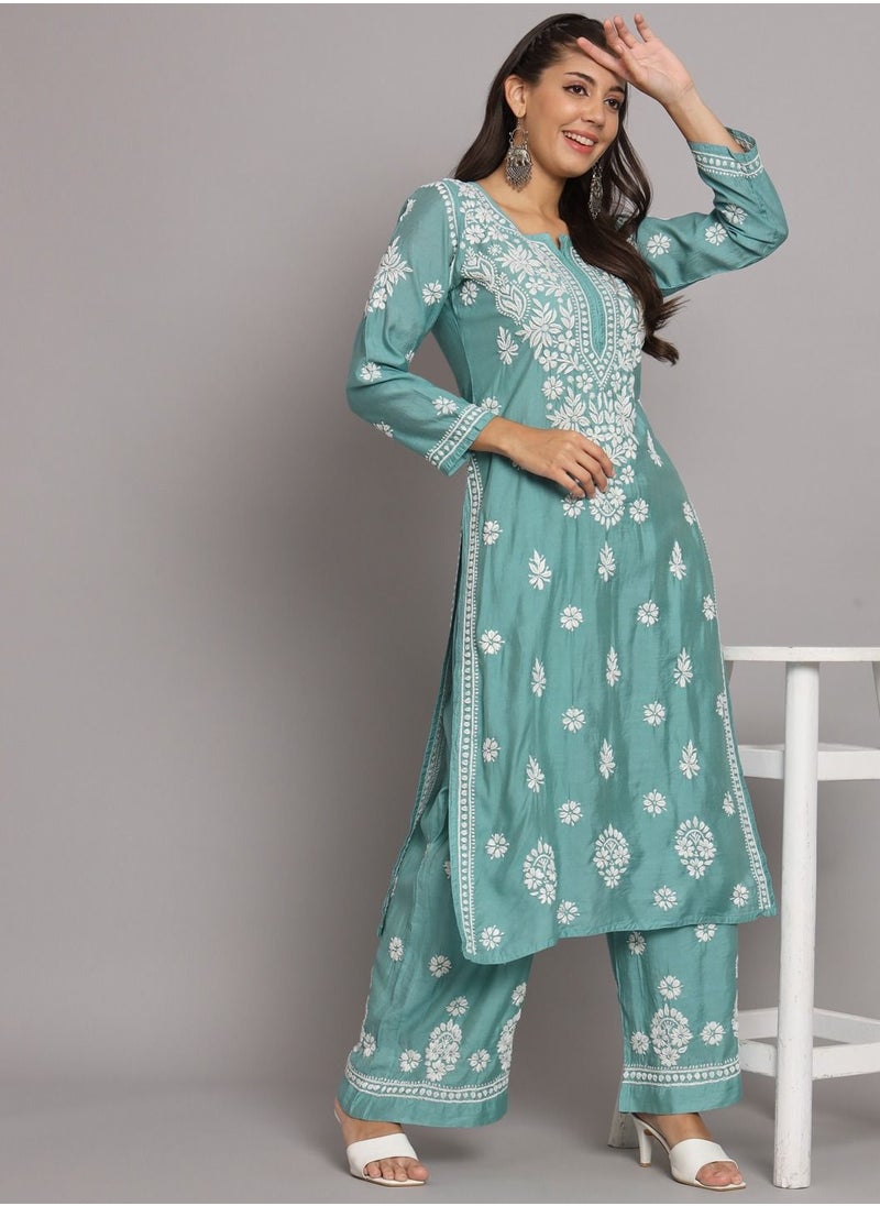 Alaya - Hand Embroidered Chikan Chanderi Straight Kurta Palazzos-AL3671KS - Image 1