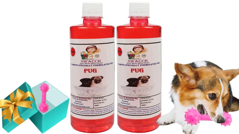 swacch Pug Dog Shampoo + Dumbbell Toy I Durable Rubber Dog Toy for Chewing I Playing,Teeth Cleaning & Training Toy I Combo Pack I 500ml Pack of 2 Jasmine - Image 1