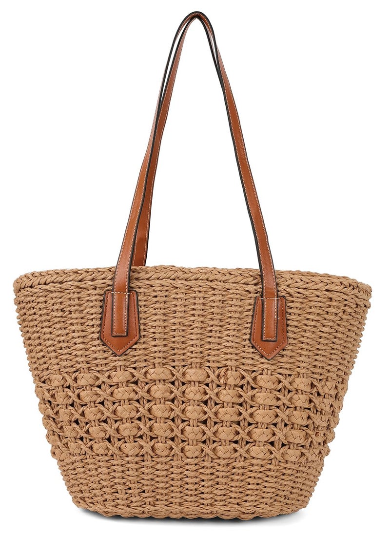Pocadri Women's Straw Shoulder Bag Large Rattan Woven Totes Summer Travel Beach Handbag Handmade Top Handle Purse - Image 1