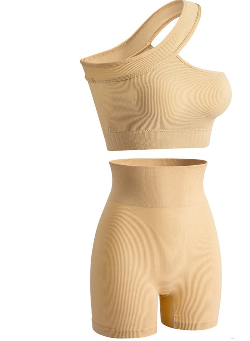 Loquat Women's Solid Color Sport Fitness Lingerie Set 2-piece Seamless Wireless Sloping Shoulders Vest+High Waist Boxer Briefs Sport Suit Beige  - Image 1