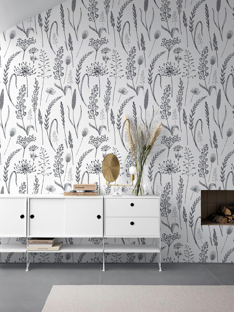 JiffDiff Peel and Stick Wallpaper Farmhouse Vintage Floral Contact Paper Wheat Meadow Removable Self Adhesive Wallpaper Black and White (14.2 sq.ft) - Image 2
