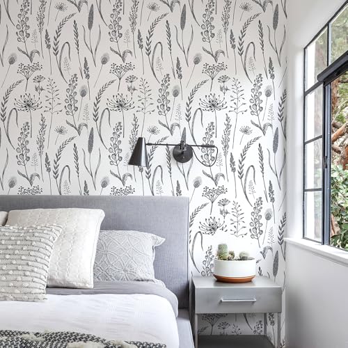 JiffDiff Peel and Stick Wallpaper Farmhouse Vintage Floral Contact Paper Wheat Meadow Removable Self Adhesive Wallpaper Black and White (14.2 sq.ft) - Image 5
