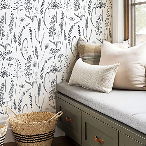 JiffDiff Peel and Stick Wallpaper Farmhouse Vintage Floral Contact Paper Wheat Meadow Removable Self Adhesive Wallpaper Black and White (14.2 sq.ft) - Image 1