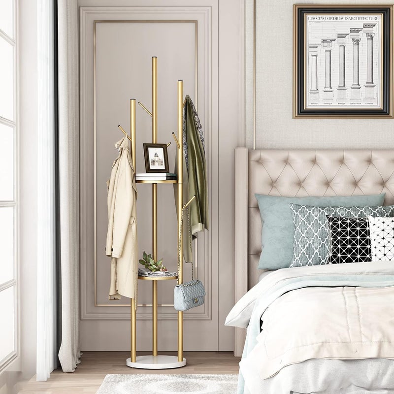 VPGS VPGS Free Standing Metal Coat Rack with 3 Shelves and 9 Hooks Marble Base Hanging Rack for Jackets Hats Bags Purses Entryway Hallway Bedroom 