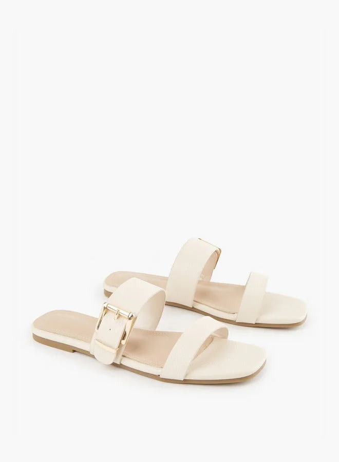Flora Bella By Shoexpress CREAM Buckle Accent Slip-On Flat Sandals  | Best Price UAE